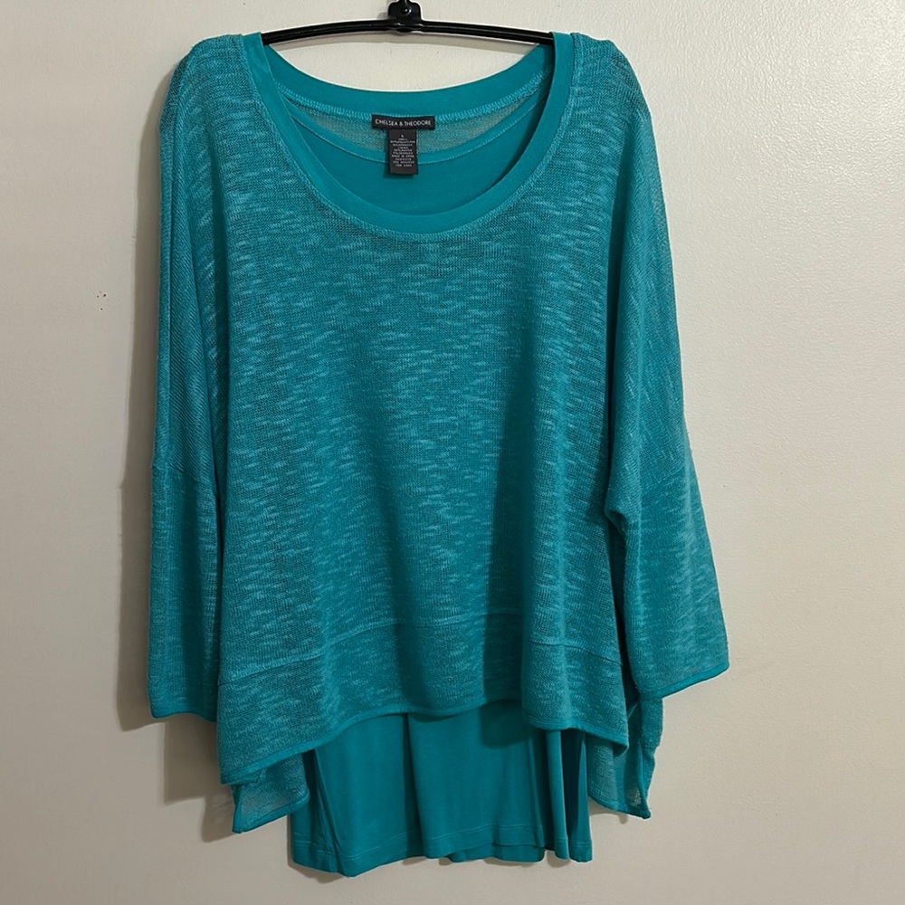 Chelsea & Theodore Turquoise Blue Oversized 3/4 Sleeve Blouse